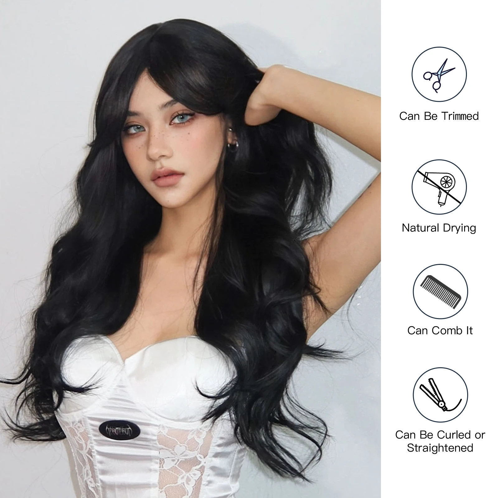 Black Long Wavy Wigs for Women Synthetic Wig with Bangs Deep Wave Hair Cosplay Wig Natural Looking Hair for Daily Heat Reisitant