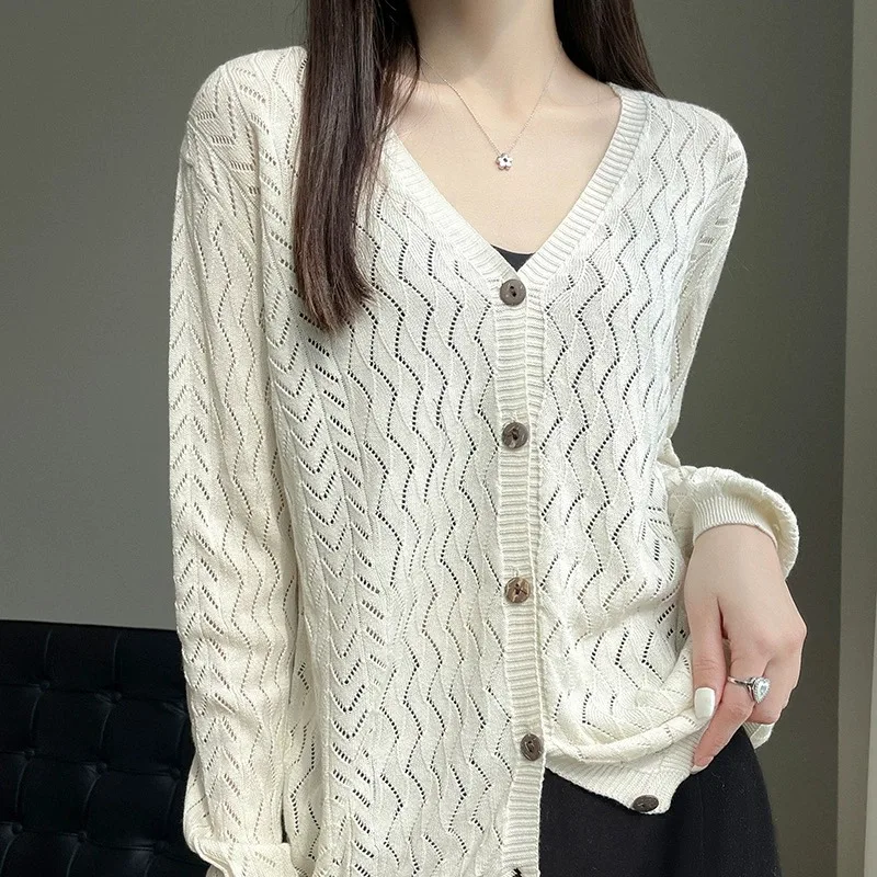 

00% чистый хлопок, летняя новая вязаная цветная женская верхняя одежда с v-образным вырезом, корейское длинное пальто из хлопка и льна