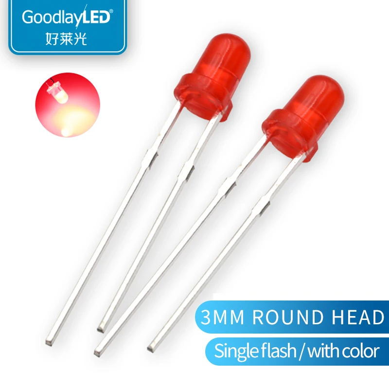 F3/3MM Round Head Single Flash Red Hair Short Foot 1.5HZ Lamp Bead Direct Insert LED 30 Viewing Angle 0.06W