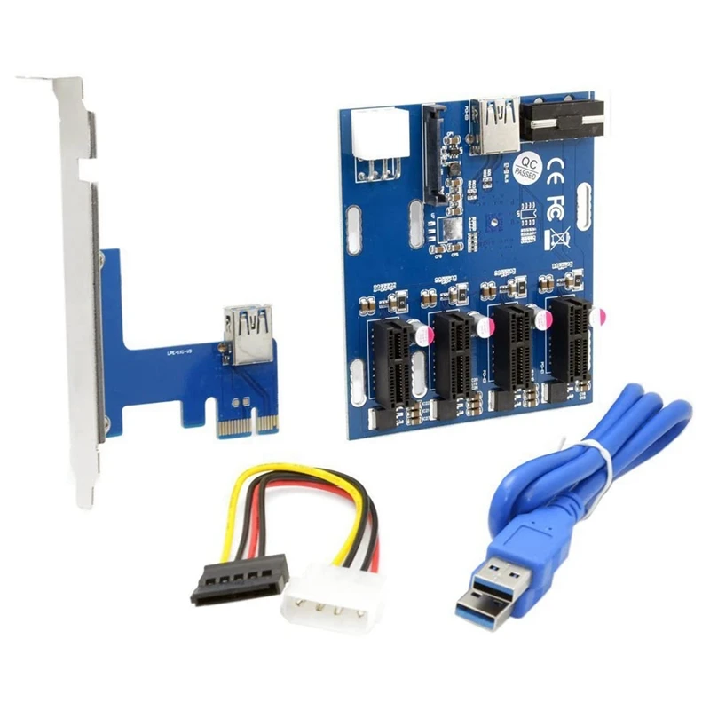 1 Pcs PCI-E 1 To 4 Expansion Card PCI-E 1X To 16X 4 Port Adapter & 1 Set PCI-E 1X To 4 Port 1X Riser Adapter