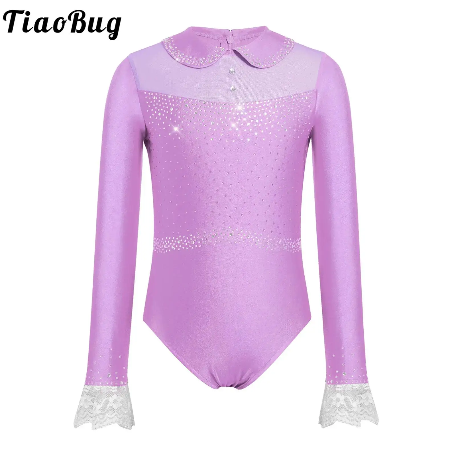 

Kids Girls Rhinestones Dance Ballet Unitards Leotards Lace Cuffs Long Sleeve Zip Leotard Bodysuit for Gymnastics Figure Skating