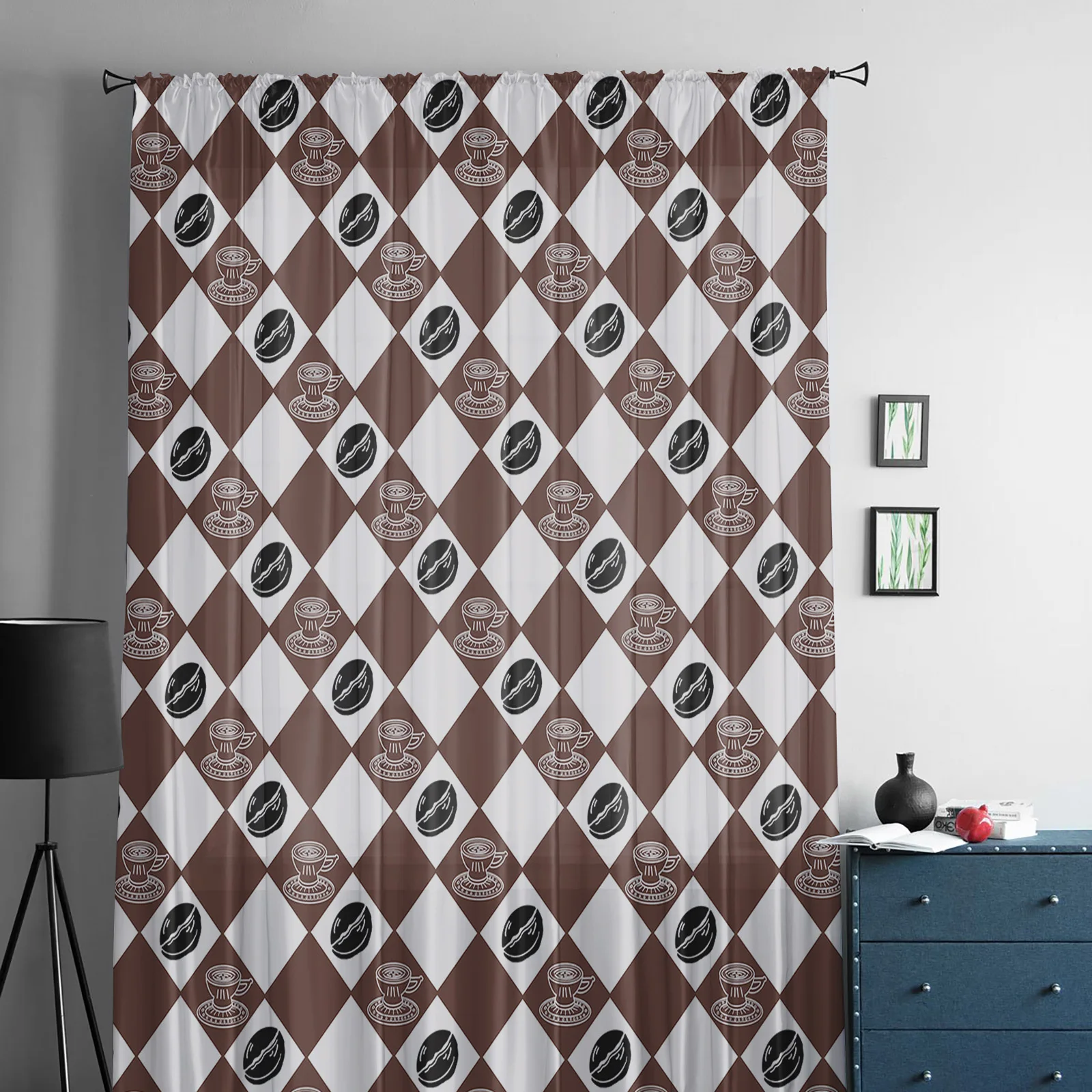 Lattice Coffee Beans Lines Tulle Curtains for Living Room Sheer Voile Curtain for Bedroom Kitchen Window Drapes Blinds