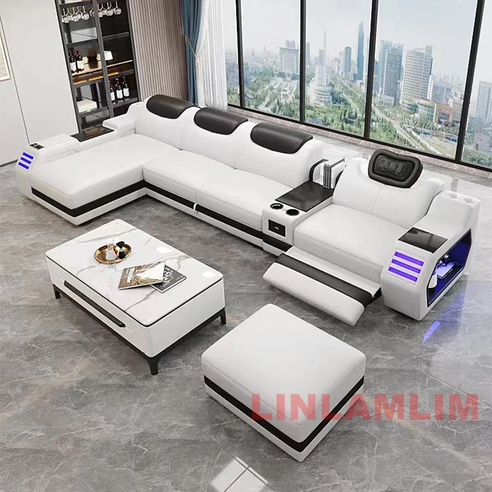 Multi-Functional Genuine Leather Sectional Sofa Bed with LED Lights, Storage, USB Charging Ports, Cup Holders and Reclining Seat