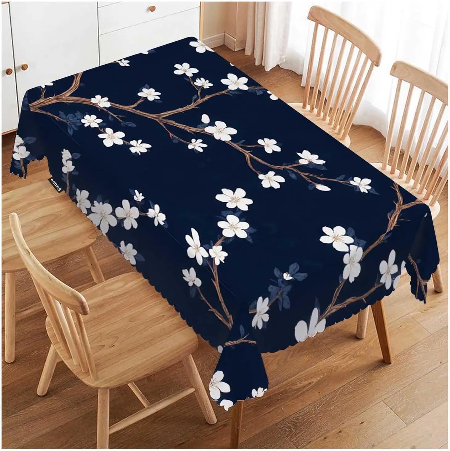 Cherry Blossoms Print Tablecloth Navy Blue Branch White Flower Table Cover for Kitchen Dining Tabletop Outdoor Indoor Decor