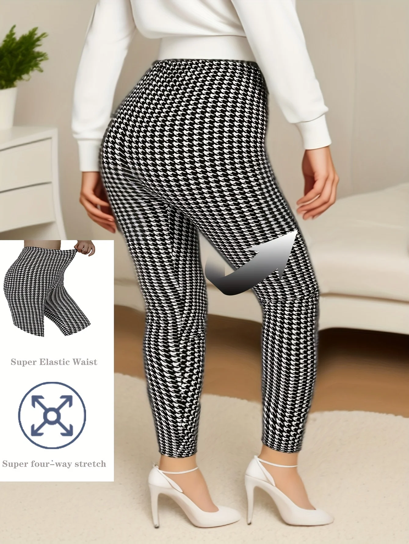 CUHAKCI Plus Size Elastic Casual Leggings Sports Tight Pants Thousand Bird Plaid Comfortable Soft Breathable Cropped Pants