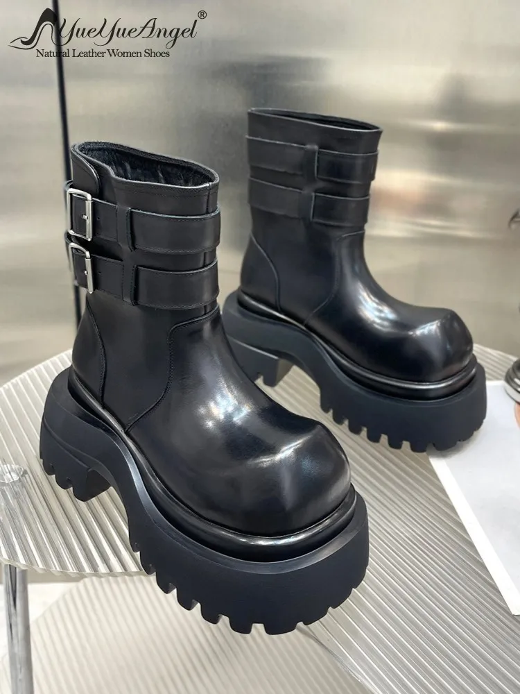 

Women Fashion Comfortable Handmade Cowhide Genuine Leather Height Increase Buckle Ankle Boots Round Toe Thick Platform Footwear