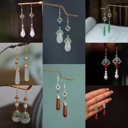 Retro Chinese Jade Earrings for Women Ancient Palace Style Water Drop Shaped Enamel Luxury Jewelry Elegant Ethnic Birthday Gifts