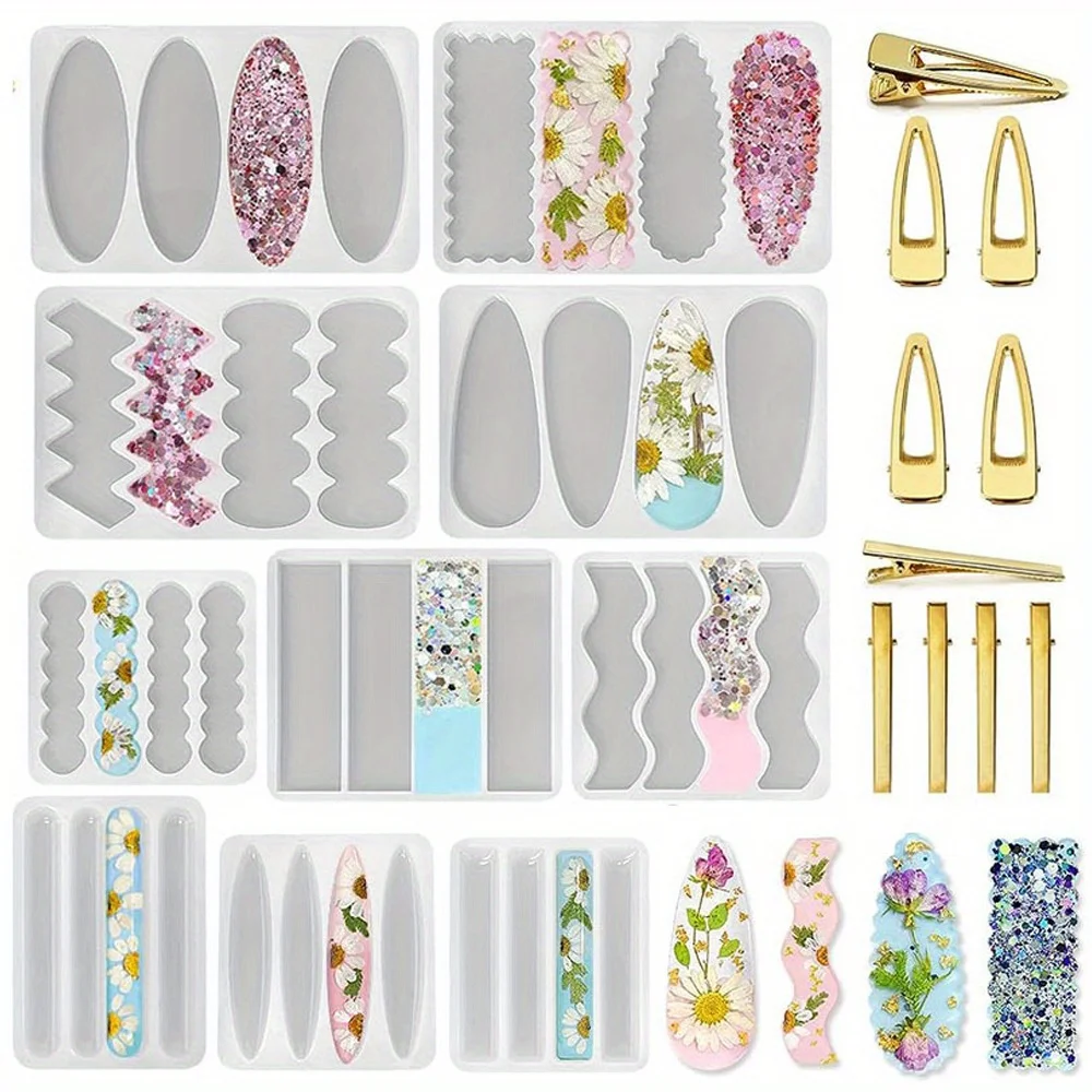 A Set of 10 Deep Hairpin Silicone Molds, Including a Thickened Version, Specifically Designed for Creating Thick Hairpins Using Epoxy Resin and Resin-based Accessories.