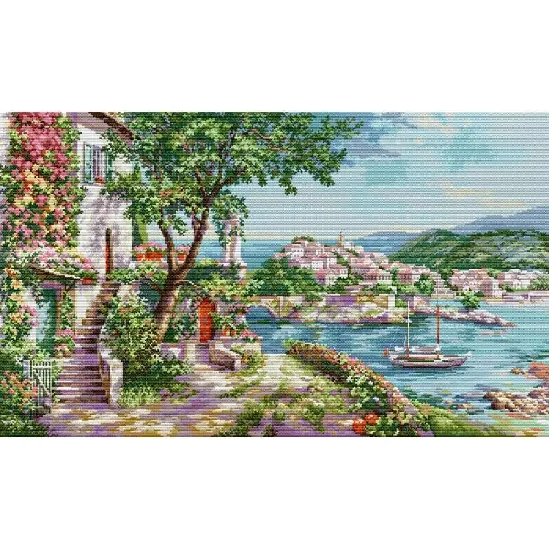 Mediterranean Scenery Cross Stitch Kits 14CT 16CT 11CT Canvas Printed Fabric Cotton Thread Kit DIY Needlework Embroidery Decor