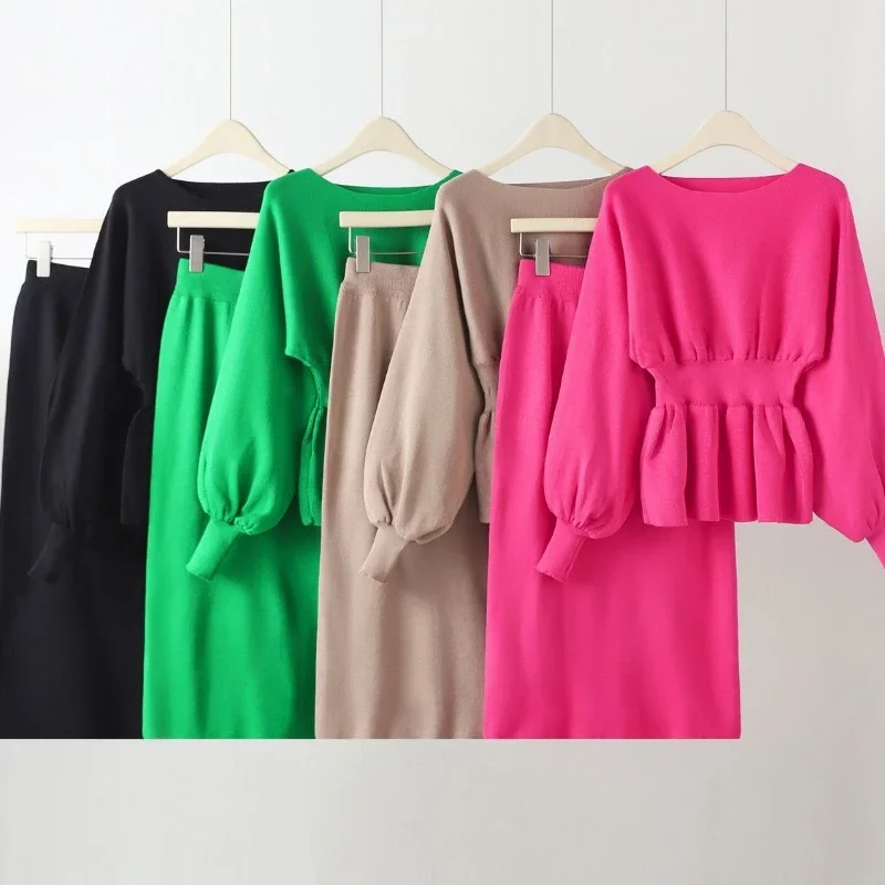 Sexy High Waist Skirts Sets Elegant 2 Two Piece Set Women Lantern Long Sleeves Crop Tops Fashion Casual Pullover Sweater Autumn