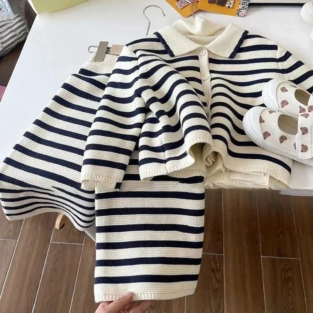 Baby Girls Sweater Suits Korean Style Kids Long Sleeve Knitted Cardigan Tops+Pants 2Pcs 2023 New Children Clothes Sets 2-6Y