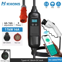 Cargador EV portátil Khons GBT, 11KW, 16A, cargador de coche eléctrico trifásico, Control por aplicación WiFi, caja de carga para vehículo eléctrico, enchufe CEE