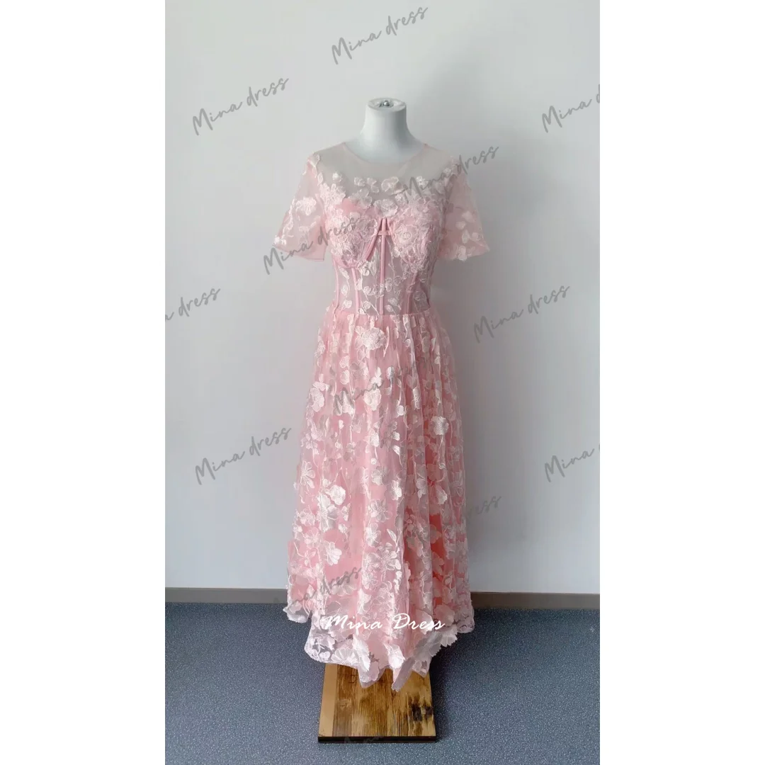 

Mina Round Collar Evening Dress Luxury Elegant Womens Party Dresses for Special Occasions Customized Flowers 2025 Short Sleeves