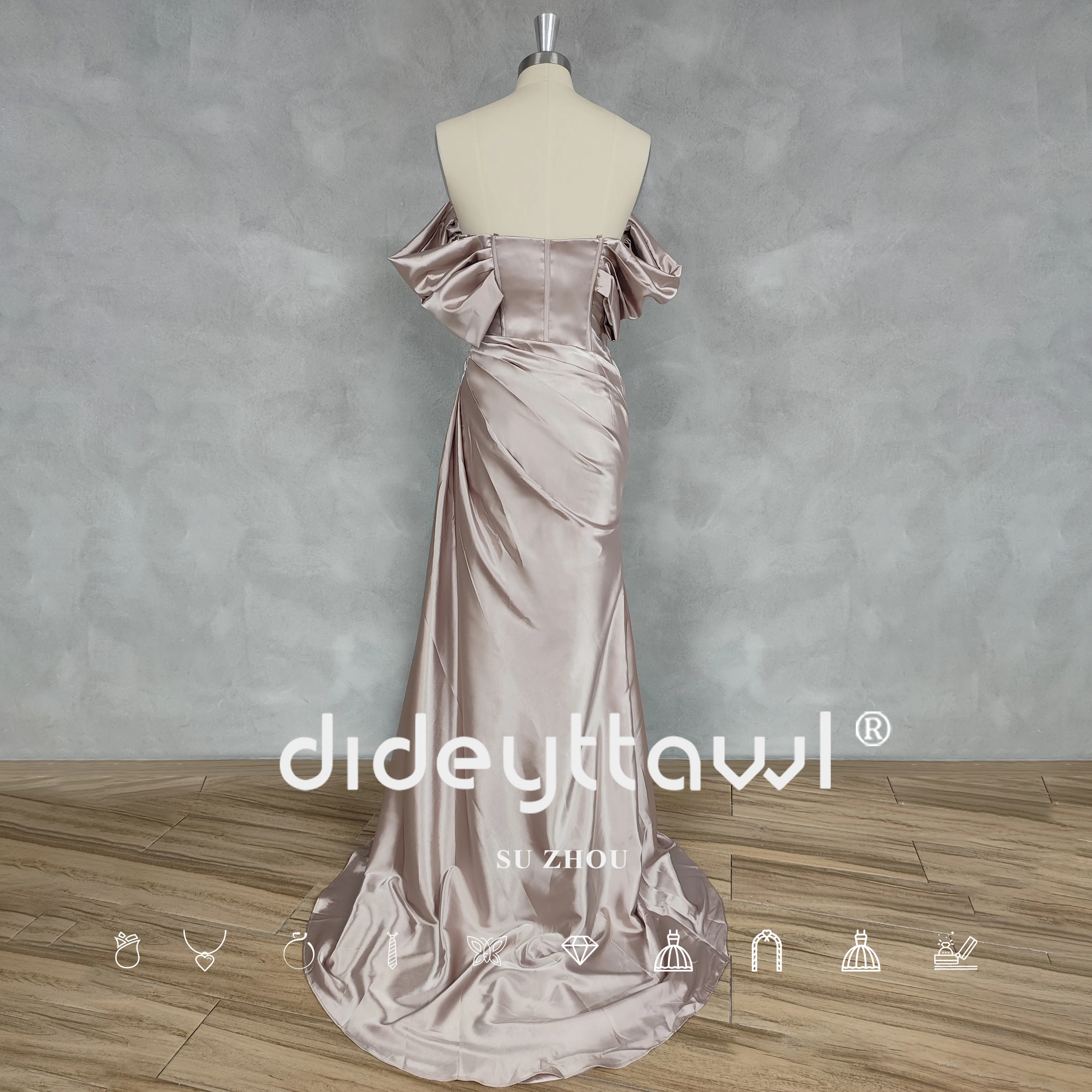 DIDEYTTAWL Real Photos Off-Shoulder Pleats Satin Mermaid Prom Dress Zipper Back High Side Slit Floor Length Evening Gown