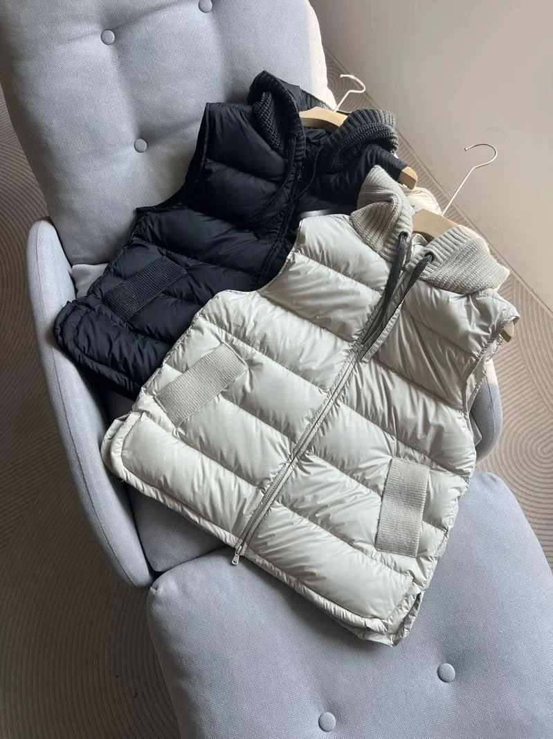 

Осенне-зимний вязаный пуховый жилет с капюшоном, женский повседневный стеганый жилет с двойной молнией, женские жилеты без рукавов на белом утином пуху