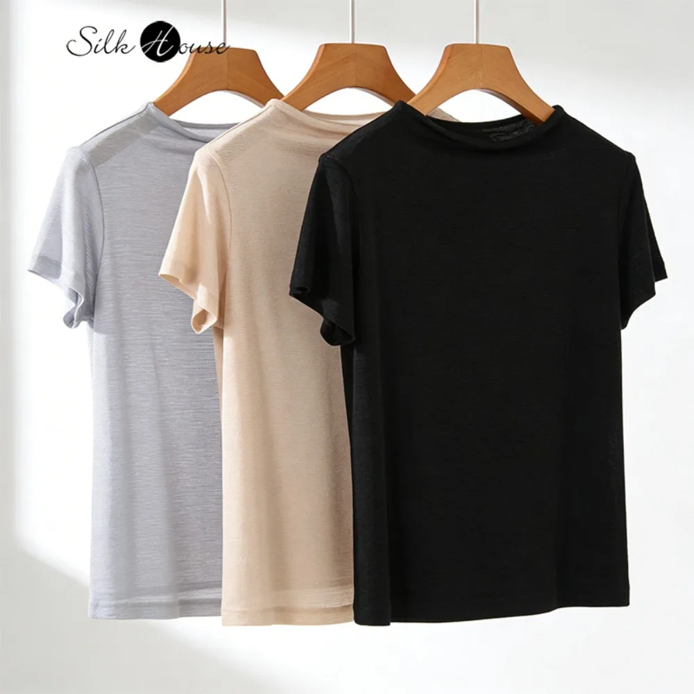 

Женская повседневная летняя футболка 2026 года из 100% натурального шелка тутового шелкопряда, сетчатая, вязаная, однотонная, с круглым вырезом, с коротким рукавом
