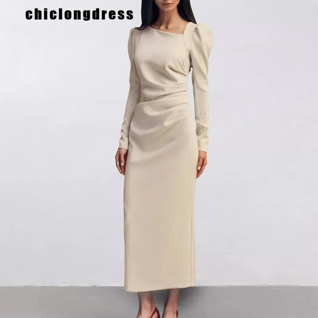 Autumn Fashion Solid Slim Dress Women Office Ladies Bubble Sleeves Pleated Slim Long Dress Women