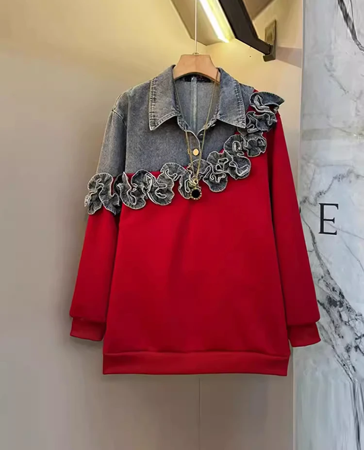 Sweat-shirt à manches longues en denim pour fille grande taille 2026, col rabattu, style industriel lourd, mode coréenne, ample, décontracté, personnalité, haut