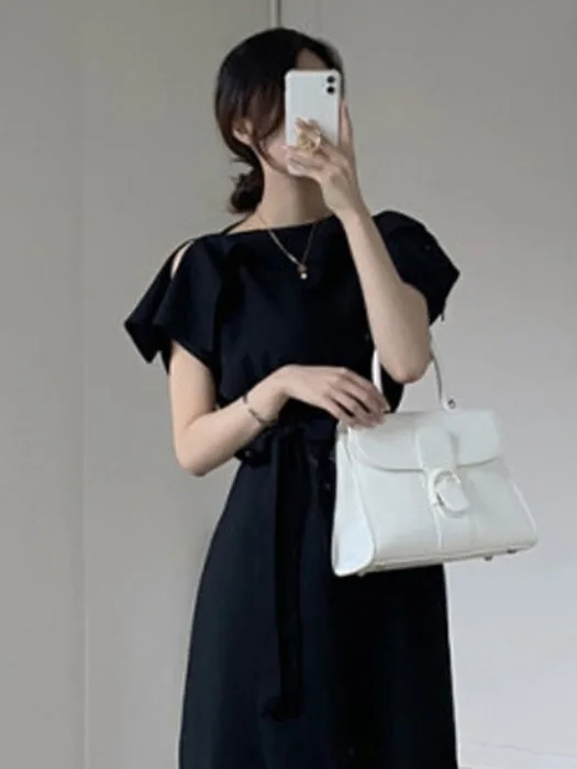 Ele été Chic oulder Bared longue Dr femmes doux Fre nœud papillon Dr coréen Sle a-ligne jupe ort Sve