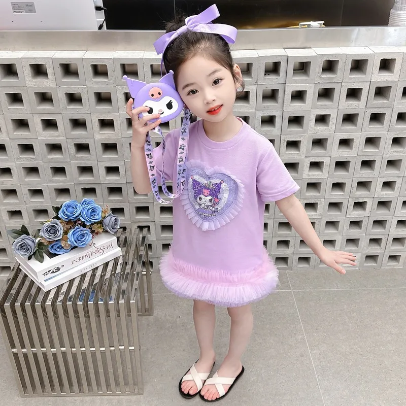 Kawaii Kuromi Girl Dress Sanrio My Melody Cinnamoroll Summer Short Sleeve Cotton Anime Kid Children Clothing Princess Dress