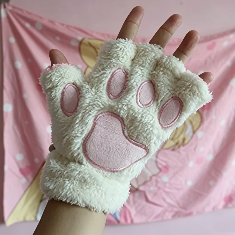 Cartoon Cute Cat Claw Paw Gloves Women Plush Mittens Warm Soft Plush Short Fingerless Fluffy Bear Cat Gloves Costume Half Finger