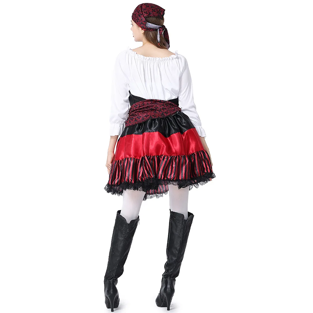 Halloween Costume Long Sleeve Dress Scarf Set Girls Pirate Chief Cosplay Stage Performance Red Striped Female Pirates Outfits