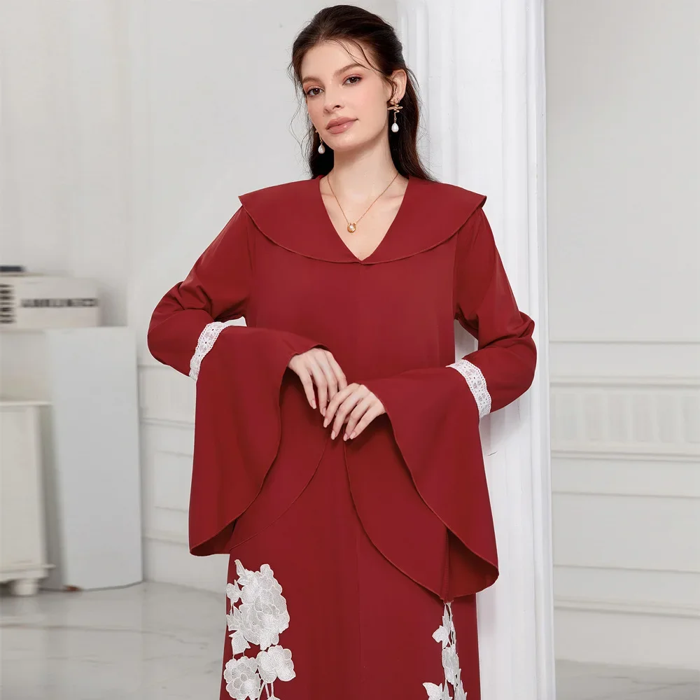 

Women dress Eid Muslim Abaya Turn Down Collar Flare Sleeve V Neck Party Dress Embroidery Dubai Abayas Ramadan Morocco Long Robe