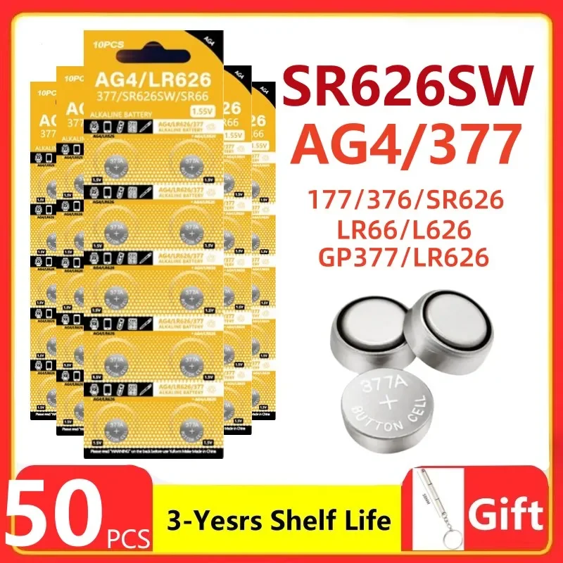 

50PCS AG4 Coin Battery LR626 377 Button Cell Coin Alkaline Battery 1.55V SR626SW 377A LR66 for Watches Toys No Mercury