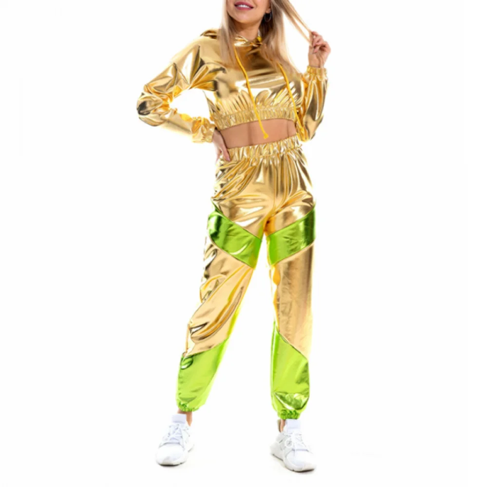 70S 80S Cropped Holographic Hoodies Women Shiny PU Metallic Hoody Short Sweatshirt Pant Tracksuit Streetwear Halloween Costumes