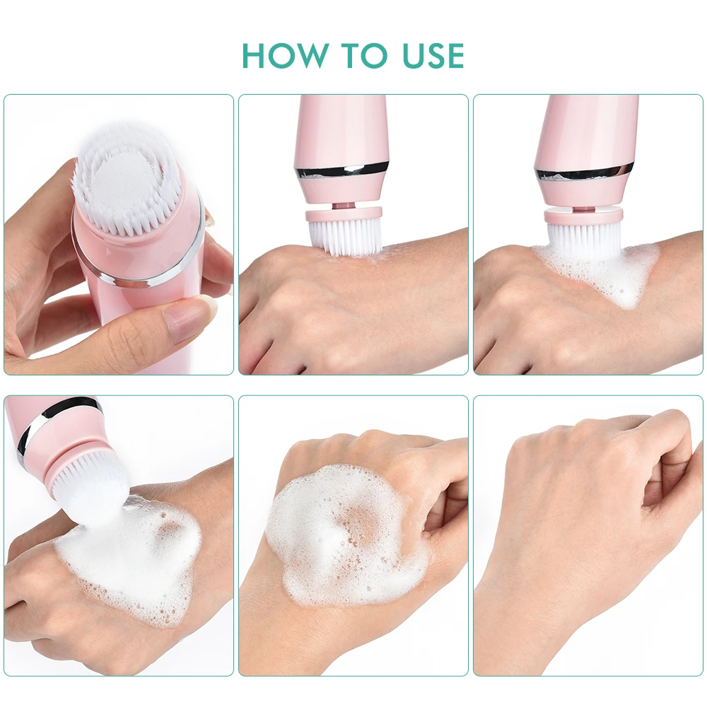 Electric Facial Cleansing Brush with 4 Face Cleaning Brush Heads Waterproof Wireless Facial Cleansing Device 3 Modes Skincare