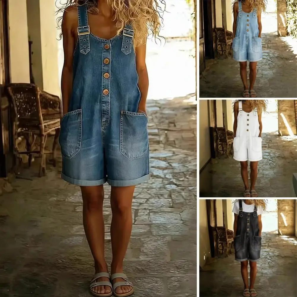 

Vintage Cargo Pants Women’s Denim Bib Overall Shorts Wide Leg Loose Jean Jumpsuit Adjustable Strap Baggy Summer Rompers Button
