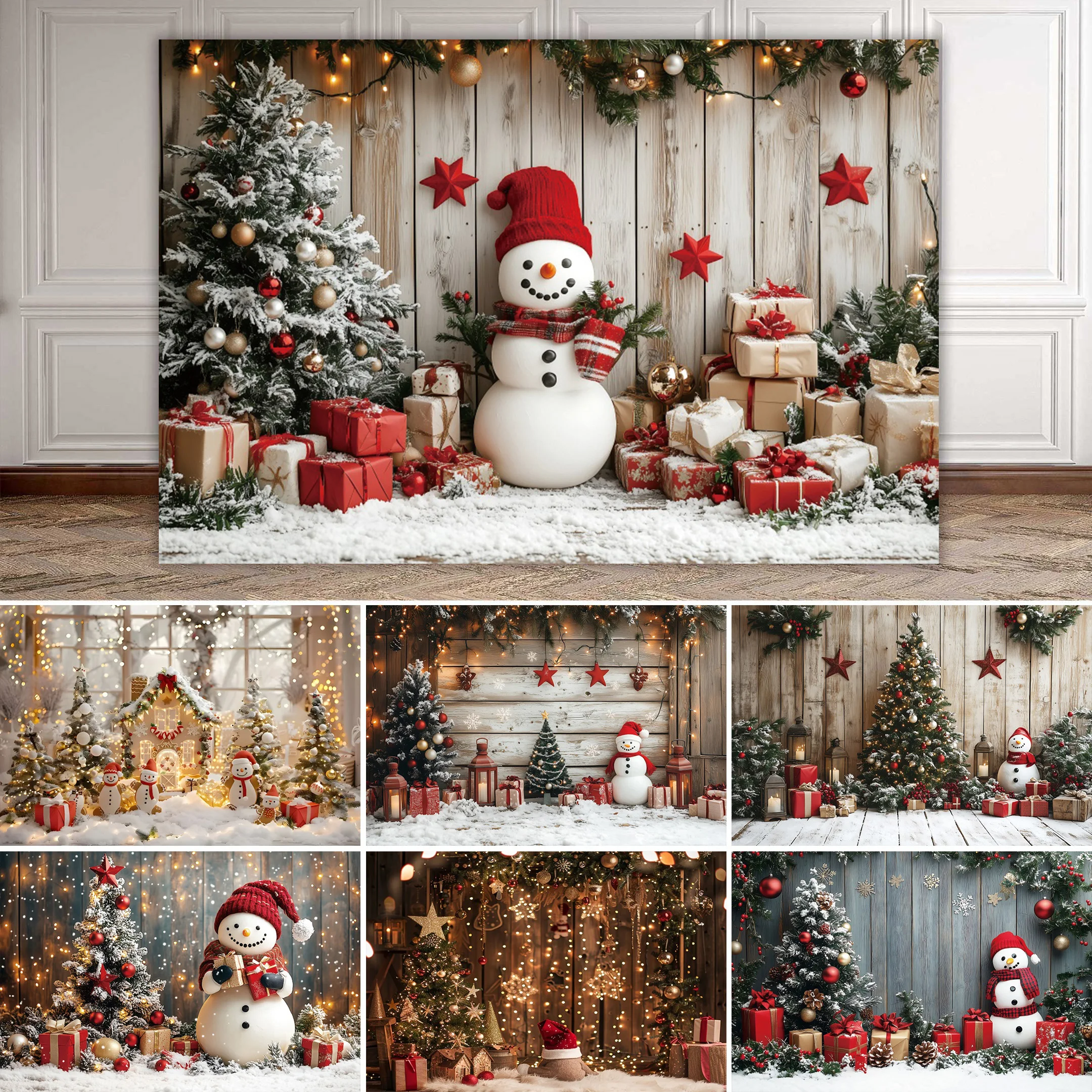 

Christmas Snowman XMAS Trees Photography Background Rustic Wooden Wall Twinkling Lights Gifts Decor Children Portraits Backdrops