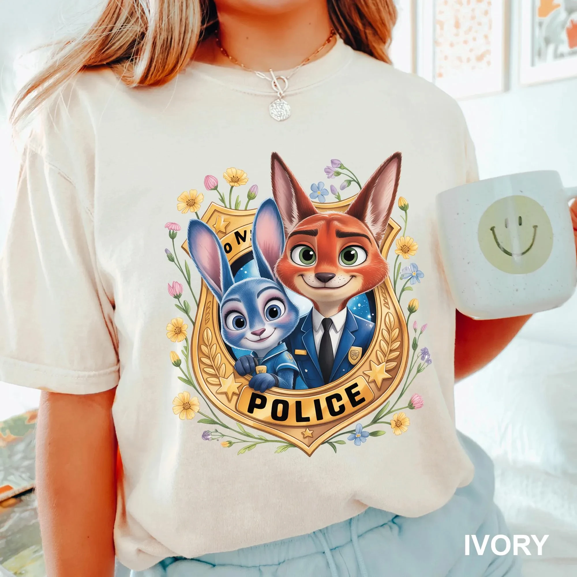 Zootopia Police Badge Shirt Judy Hopps and Nick Wilde T-shirt Printed Pattern T-shirt Couple Family Short-sleeved
