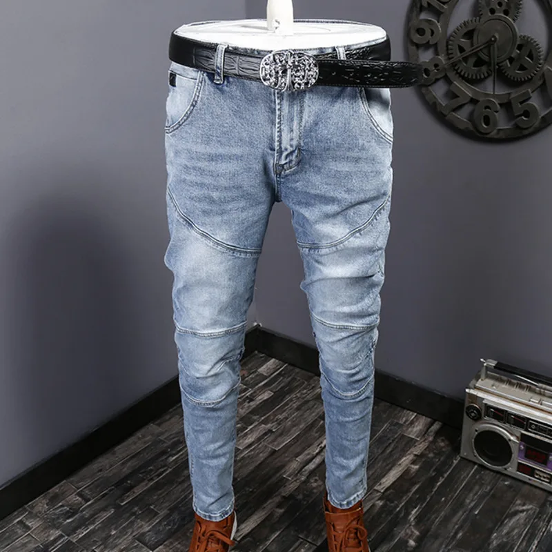 

Retro dividing line design Skinny Denim Jeans Hip Hop Men Jeans Stretch Pants Men Ripped Fashion Washed Hole Jeans Big Size