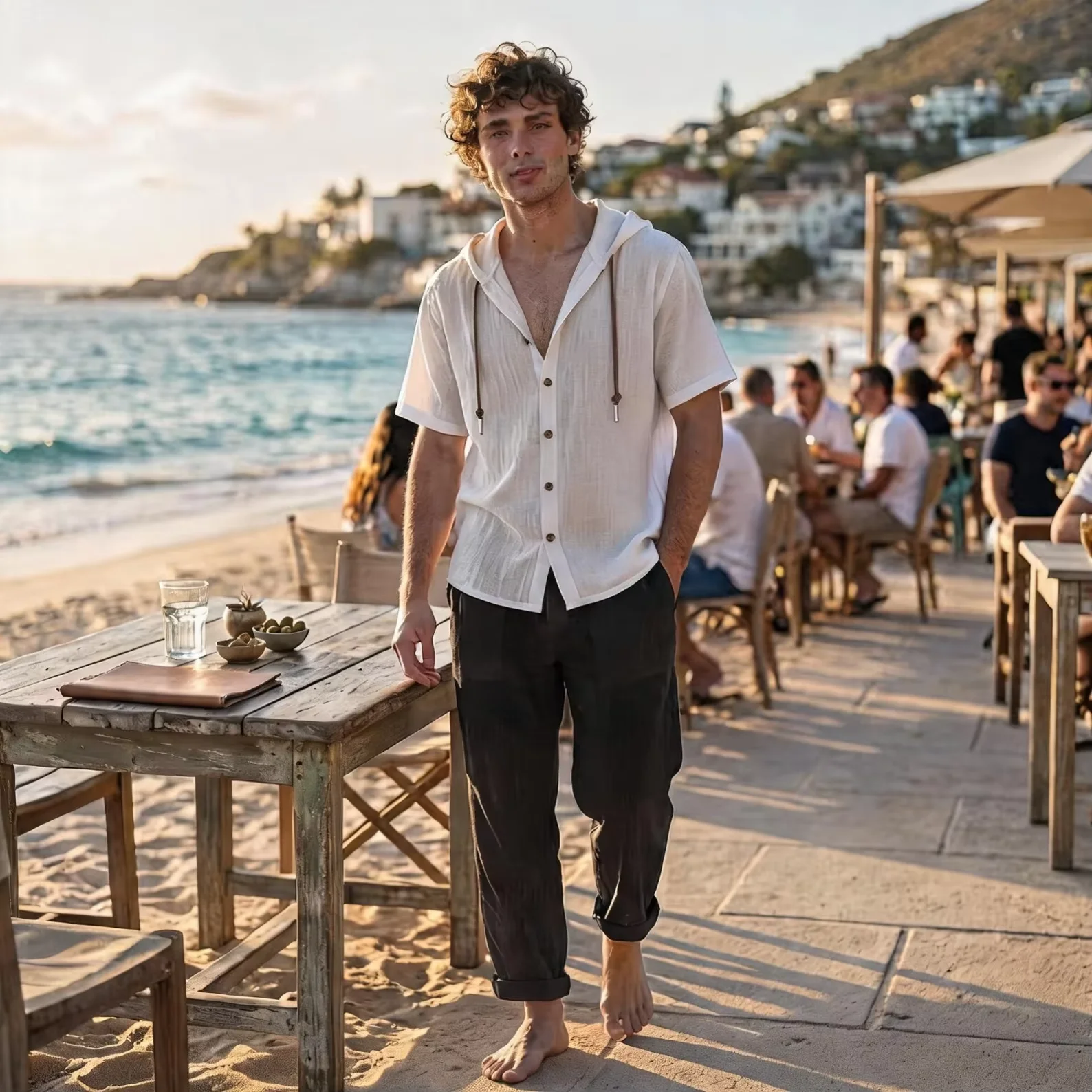 Men Hooded Short Sleeve Shirt, Button Down Textured Casual Top, Lightweight Summer Beach Holiday Wear for Daily Vacation
