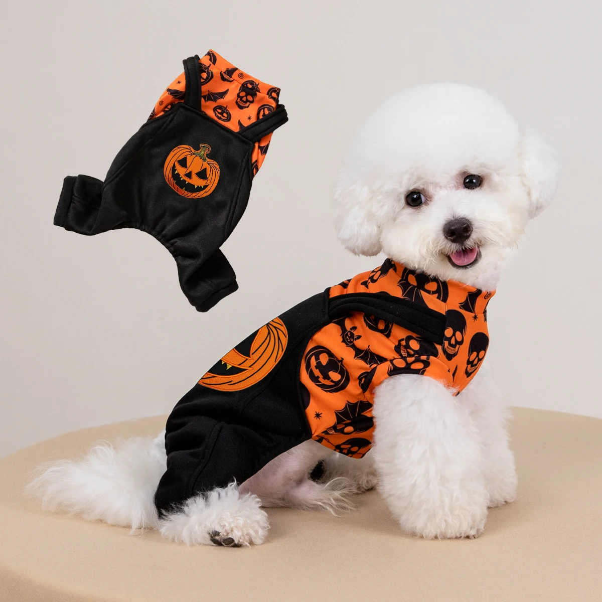 Halloween-Kostüm für Hunde, Kürbis-Schädel-Print, vierbeiniger Haustier-Overall für kleine Hunde, Welpen-Feiertagsoutfit – Detail 1
