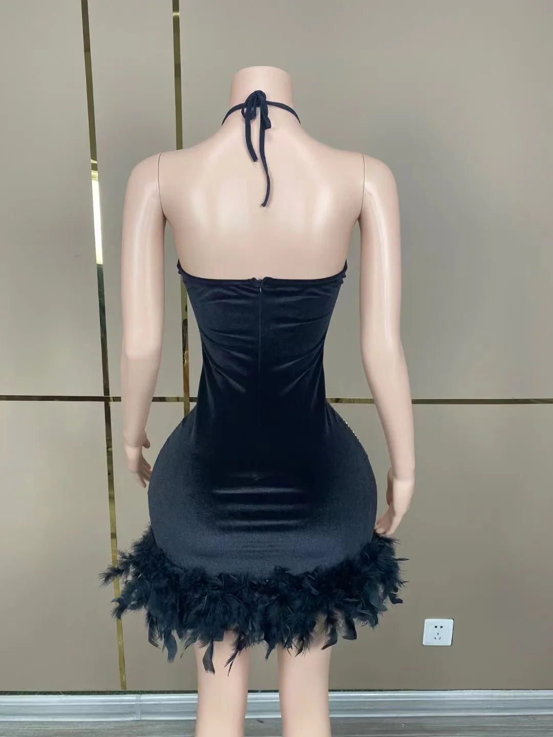 Customized   Mesh Gauze lace Transparent High Elastic Sequins Sexy Feather Tight Dress Birthday Party  Dress Performance Dress