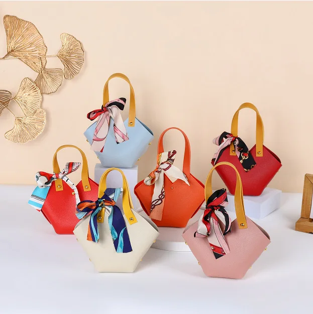 Leather Gift Bags Bow Ribbon Packaging Bag Home Party Wedding Favour Distributions Bags Candy Packaging Box Mini Handbag