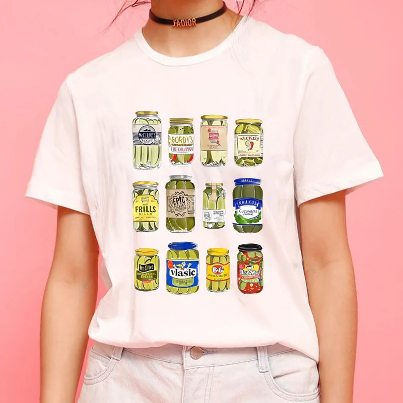 

Pickles in The Jar T Shirt Femme Streetwear Funny Graphic Women Tshirt Print Cartoon T-shirt White Tops Women's Clothes