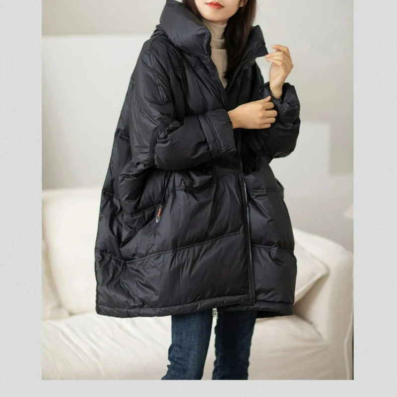 Vrouwen Losse Lange Puffer Jas Met Capuchon 90% Witte Eend Down Jas Oversized 2025 Nieuwe Winter Warme Vrouwelijke Veer Parka