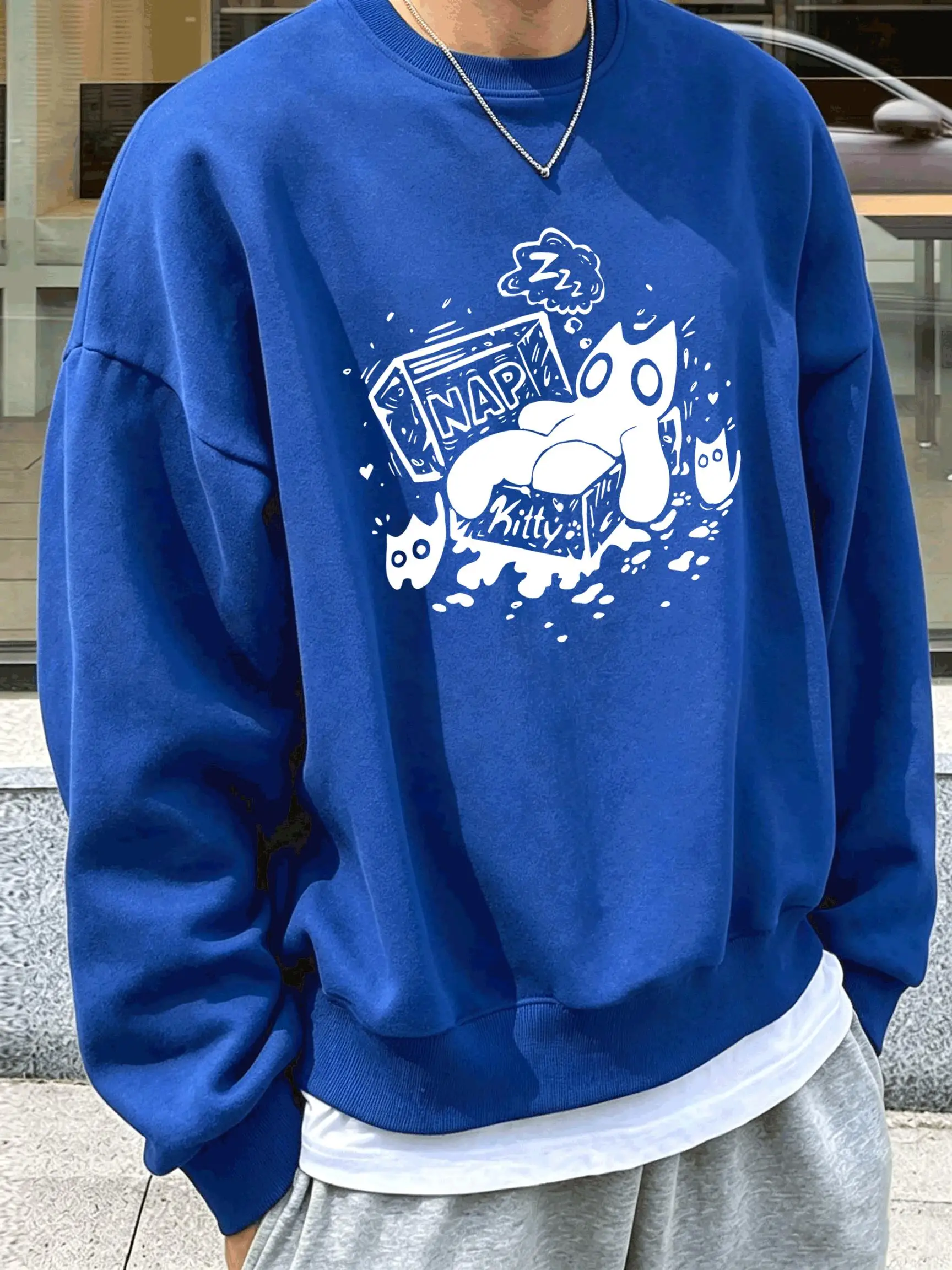 Sleeping Cat Nap Box Design Men'S Sweatshirt Loose Fleece Pullover Autumn O-Neck Korean Sportswear Unisex Multicolor Clothing