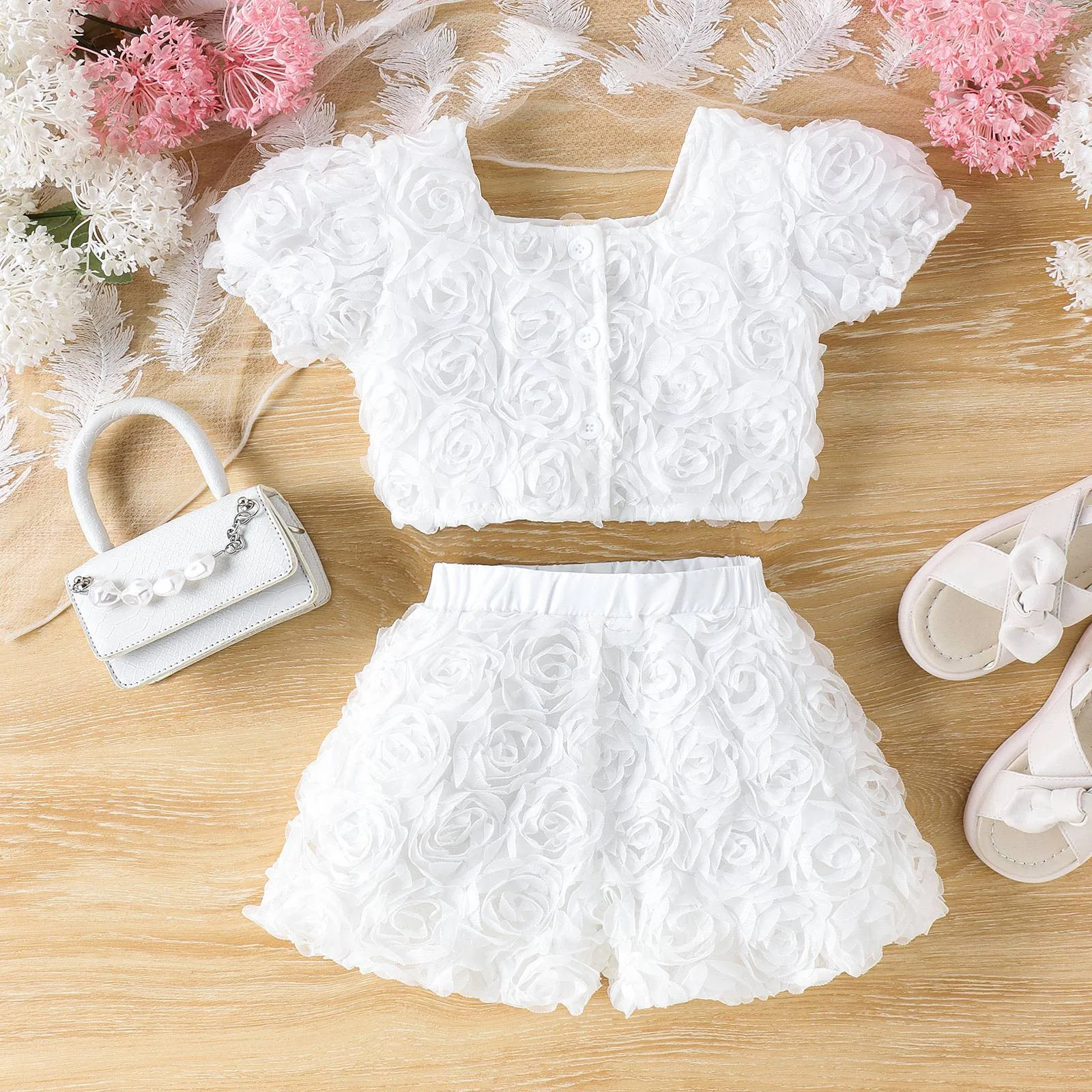 

Summer Children Clothes Sets Fashion White Square Collar Short Sleeve Tops Shorts Outfits Sets Two Piece Clothes Girls 2-6 Years