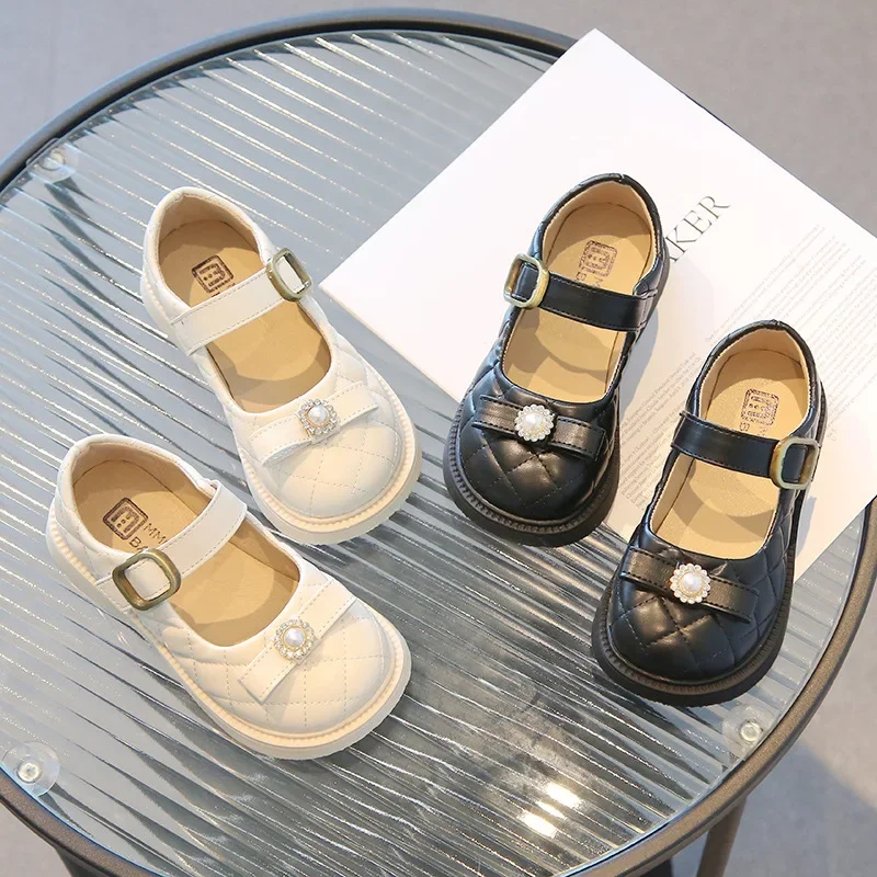 New Fashion Chic Shoes for Girls Mary Janes Rhombic Grid Leather Shoes Children's Loafers Kids Flats Pearl Bowknot Student Shoes