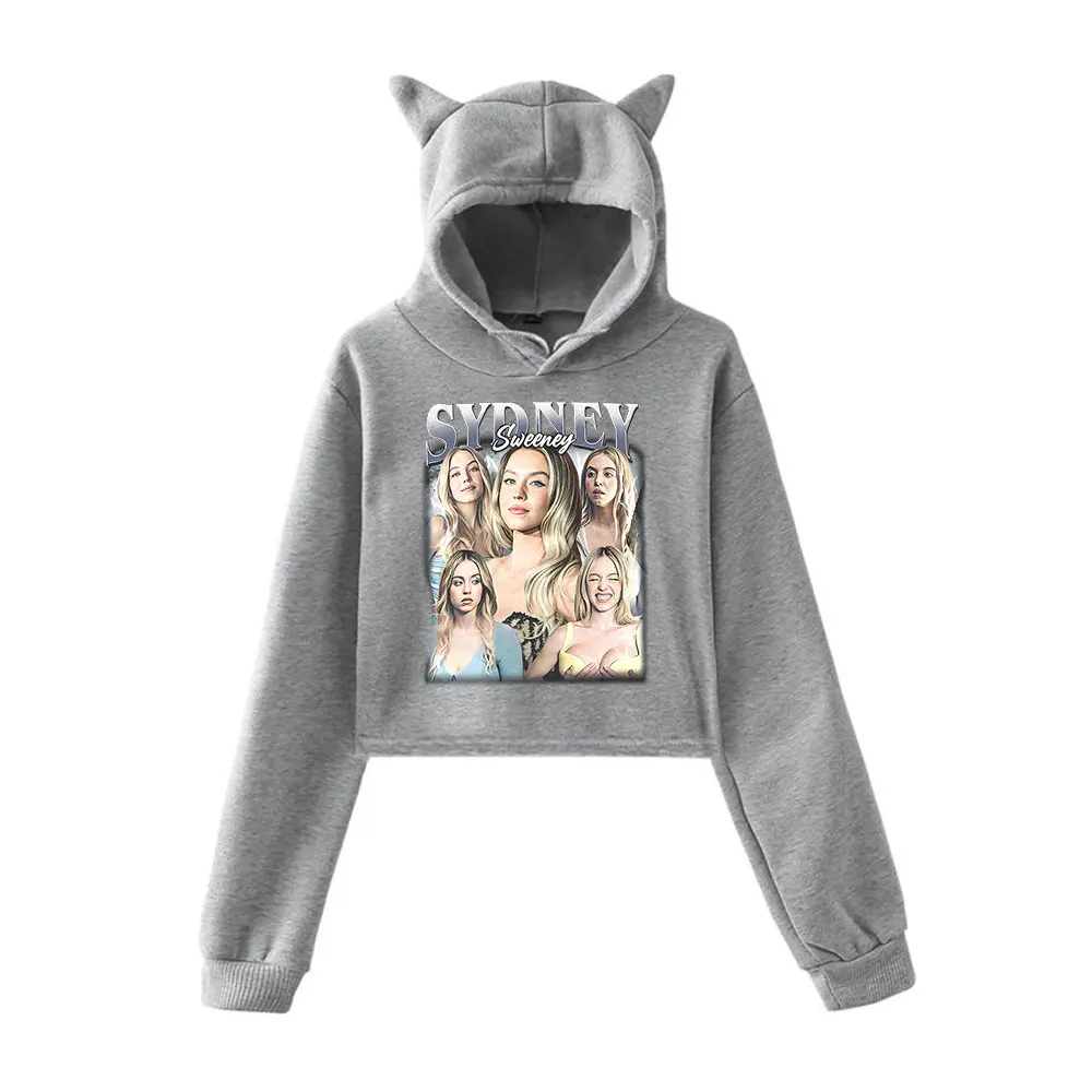 Sydney Sweeney Vintage 90s Streetwear logo Hoodie Merch Hoodies Sweatshirts for Girls Cat Ear Crop Fashion Sports Pullover