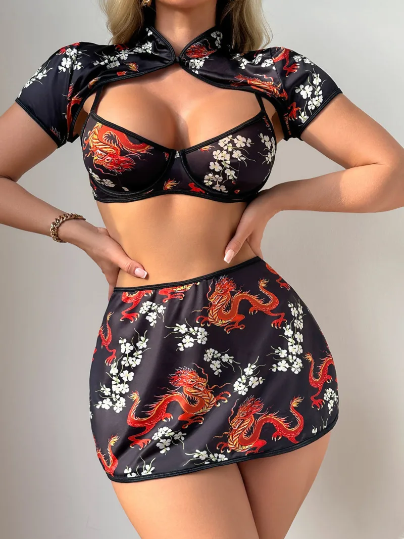 Women's New Sexy Uniform Sexy Hot Series Ethnic Style Pattern Skirt Sets Pure Desire Casaul Short Sleeved Skirt Sets Charm 24PB