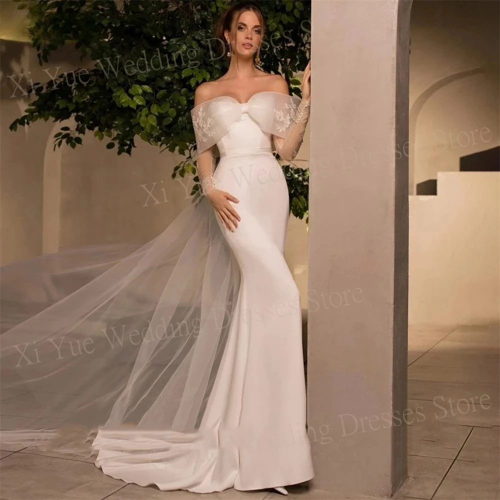 Vestido de novia de satén con hombros descubiertos, traje elegante de sirena con escote Corazón, mangas largas, apliques, pliegues y lazo