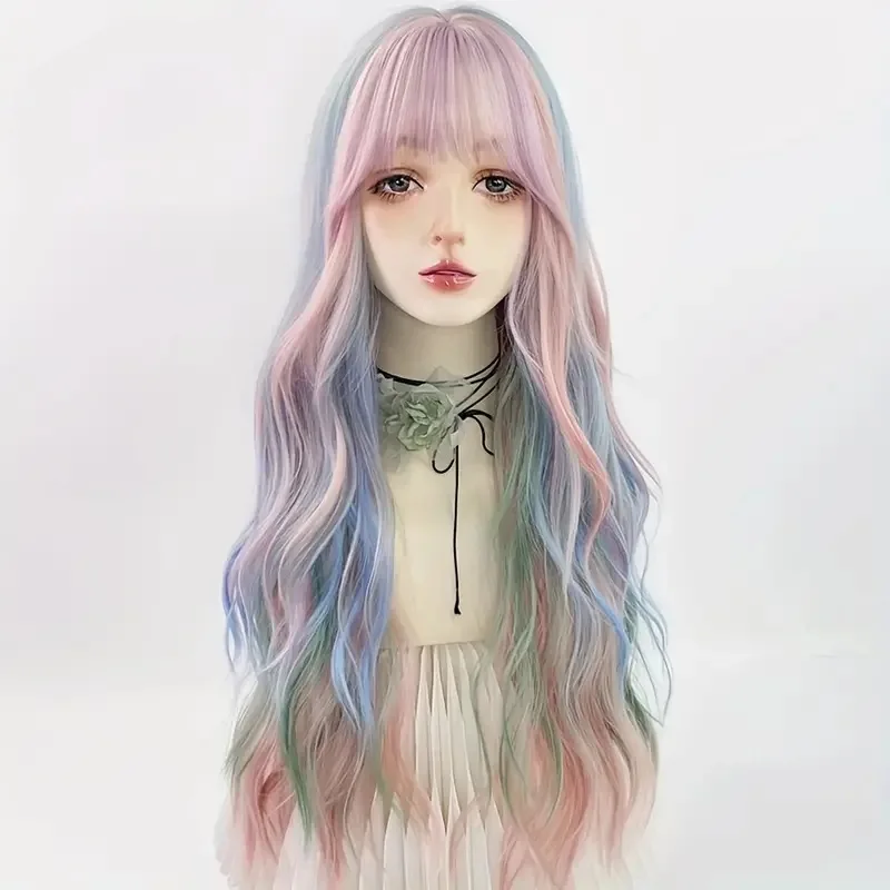 Rainbow Ombre Pink Blue Green Mixed Long Wavy Women Wigs With Bangs Synthetic Lolita Cosplay Wig For Party Heat Resistant - view 3