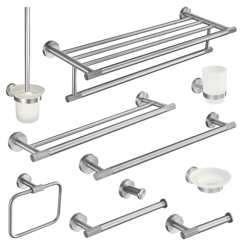 

Brushed Bathroom Accessories Hardware Set Toilet Brush Holder Paper Holder Towel Bar Rack Robe Hook Soap Dish Towel Ring