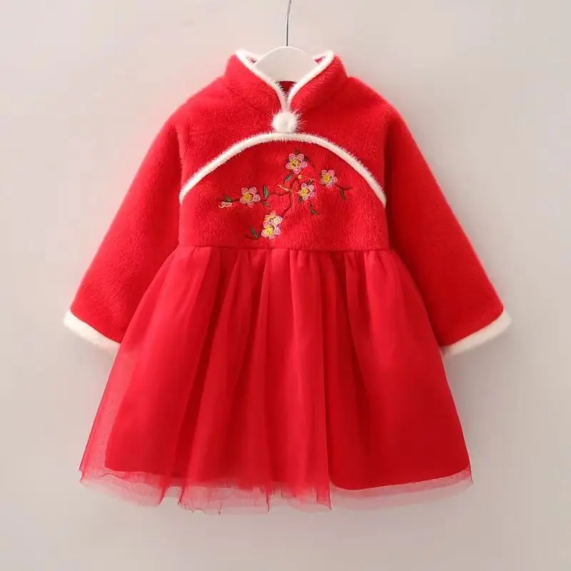 

2024 New Girl's Cheongsam Skirt With Added velvet And Thickened Children's Ancient New Year's Clothing, Baby Lace Hanfu