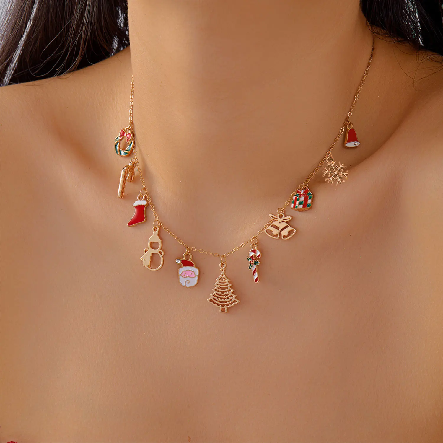 Klassische handgemachte Weihnachtsbaum Schneemann Rohr Halskette für Frauen trendige goldene Farbe Santa Schneeflocke Halskette Schmuck Zubehör – Detail 7